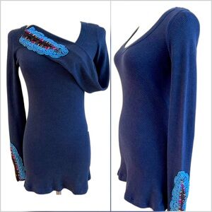 Free People Meadow Fiesta Cuff Thermal Top Navy Turquoise VG+ Condition SZ M